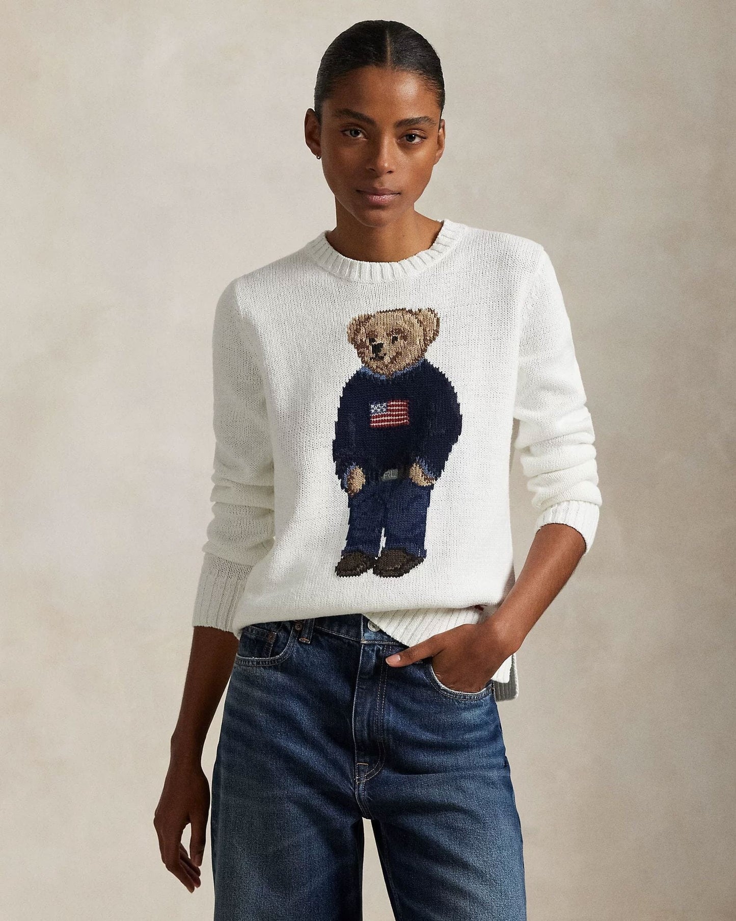 Herren Polo Bear Pullover aus Leinen-Baumwoll-Mix mit Rundhalsausschnitt