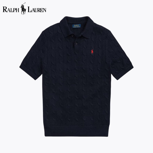 Men's Cable-Knit Cotton Polo-Collar Sweater